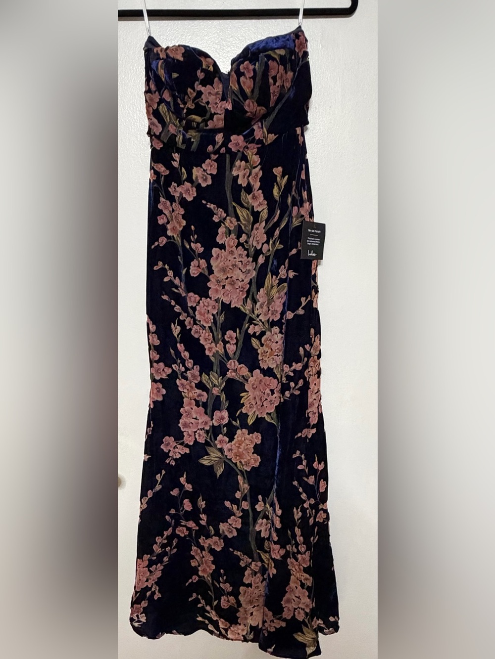 Lulu's Navy Floral Print Velvet Strapless Maxi Dress